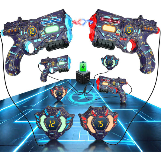 Set pistol Laser Tag cu 2 pistoale reincarcabile si 2 veste, cu lumini si efecte sonore, pentru interior si exterior, infrarosu, design multicolor