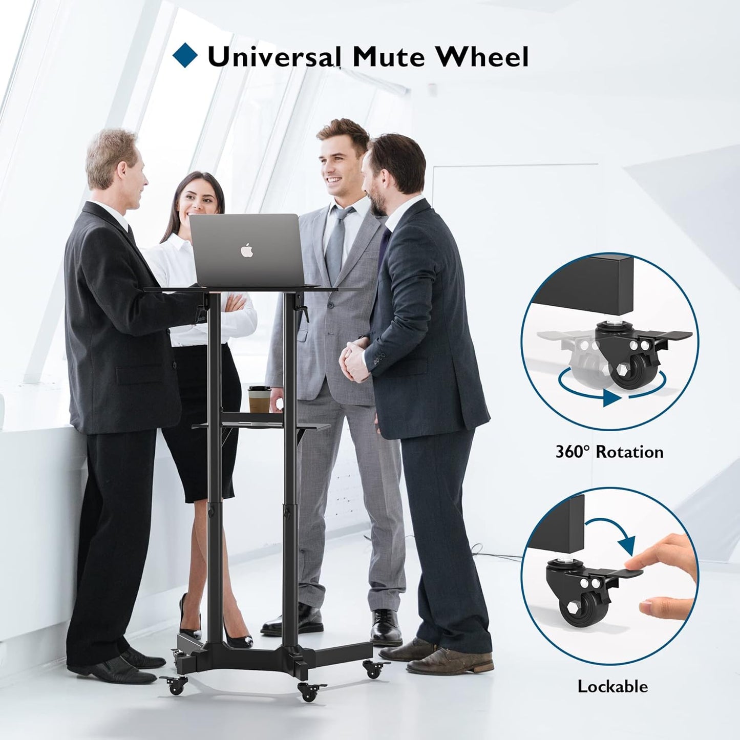 Suport mobil pentru laptop, stand cu inaltime reglabila, suporta greutate pana la 20 kg, unghi reglabil 0-40°, roti cu blocare, multifunctional, negru