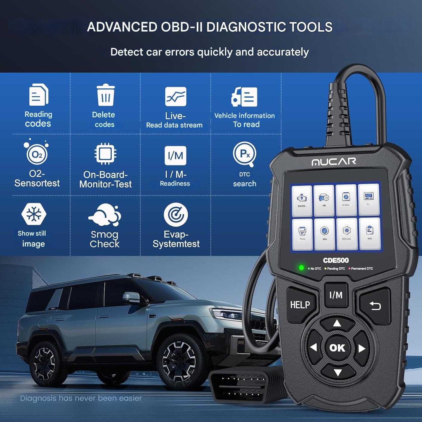 Tester auto OBD2, diagnoza cu functie citire pentru OBDII/EOBD, stergere erori, ecran 2.4 inch, test senzor O2, test EVAP, citire parametri auto VIN, CID, CVN, multifunctional
