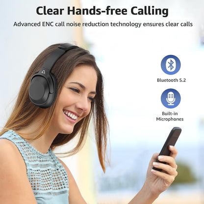 Casti wireless Over the Ear Bluetooth, Noise Cancelling ANC, sunet Hi-Fi, microfon, timp redare pana la 75 ore, Bass Music, negru