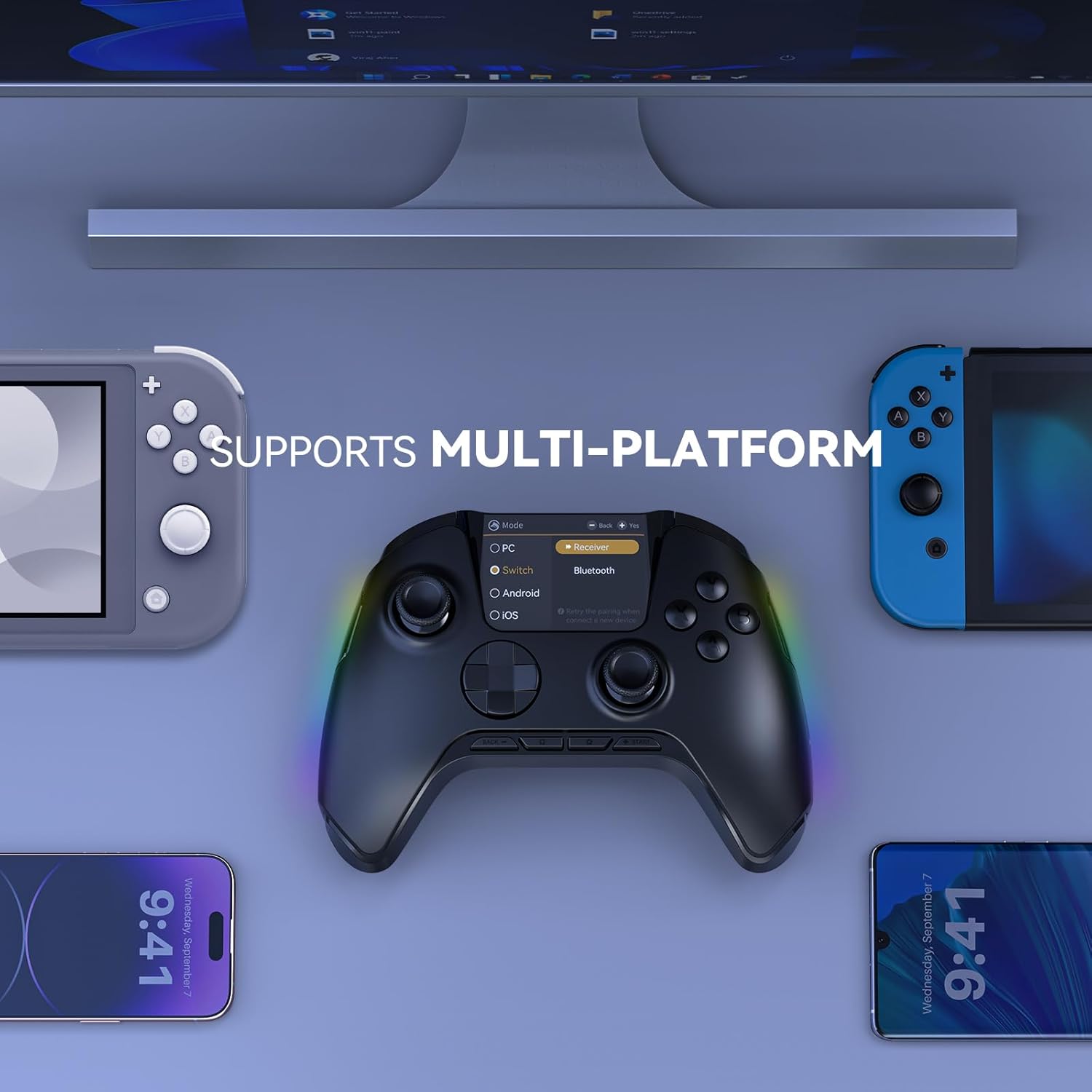 Controler wireless cu programare, display interactiv, butoane microswitch, joystick cu Hall Efect, lumini LED RGB, pentru PC, Switch, iOS, Android, negru