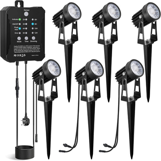 Set 6 proiectoare LED pentru gradina 3W, cablu 16.5m, transformator 24W cu senzor amurg-zori si temporizator, IP65 impermeabil, lumina alb cald 3000K, unghi 36°, cap reglabil 270°, iluminat exterior pentru alee, terasa, curte