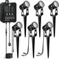 Set 6 proiectoare LED pentru gradina 3W, cablu 16.5m, transformator 24W cu senzor amurg-zori si temporizator, IP65 impermeabil, lumina alb cald 3000K, unghi 36°, cap reglabil 270°, iluminat exterior pentru alee, terasa, curte