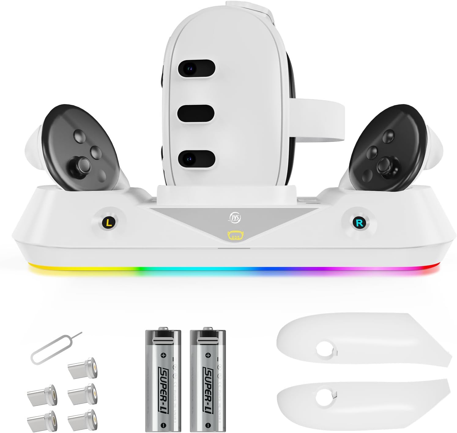 Statie de incarcare compatibila VR Meta Quest 3, pentru ochelari si controlere, cu lumini LED RGB, 2 acumulatori 1800 mAh si accesorii, alba