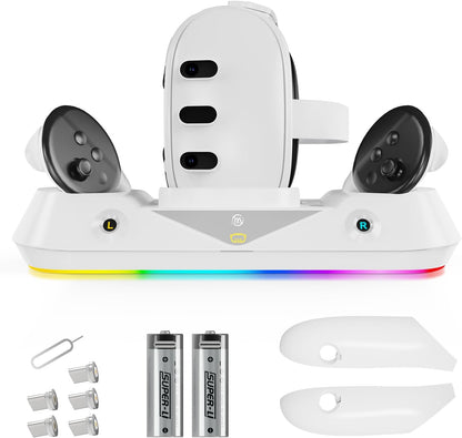 Statie de incarcare compatibila VR Meta Quest 3, pentru ochelari si controlere, cu lumini LED RGB, 2 acumulatori 1800 mAh si accesorii, alba