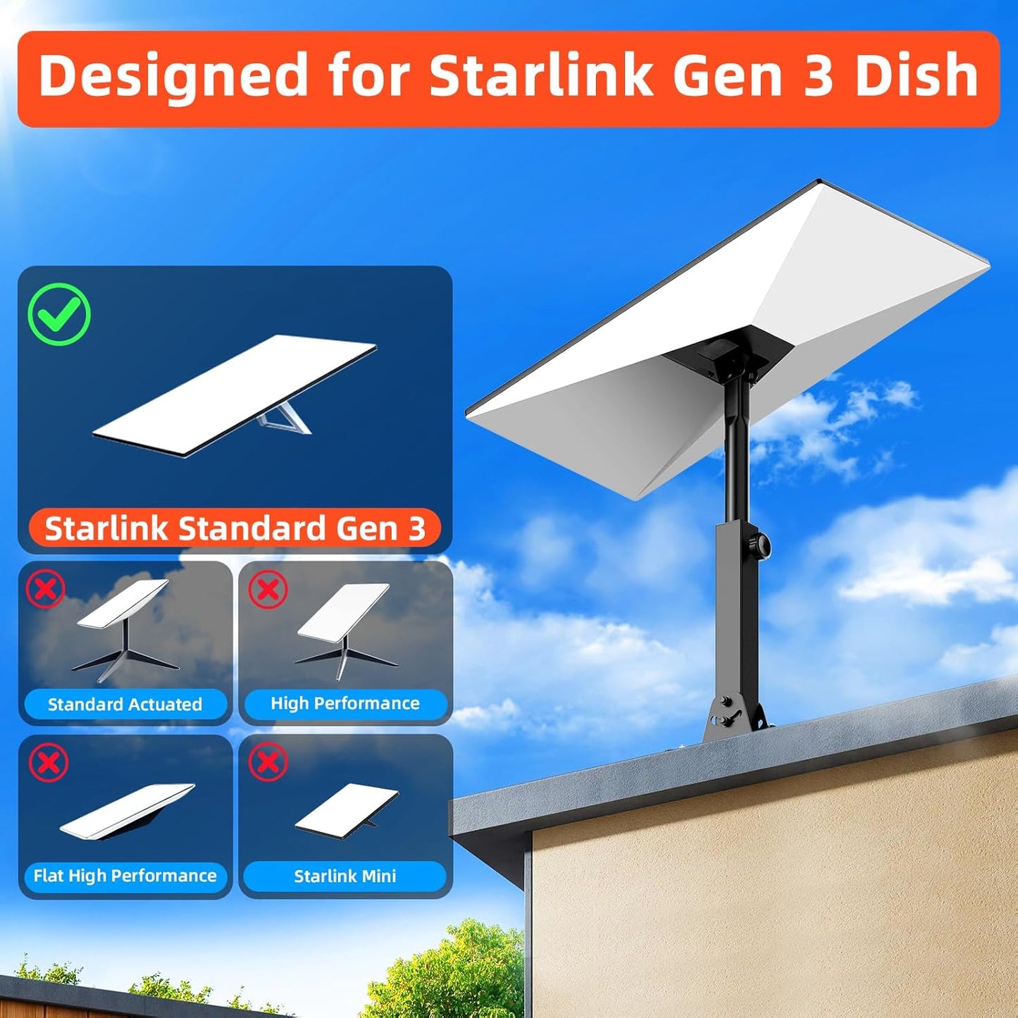Suport pentru antena Starlink Gen 3, reglabil pe inaltime si unghi 90-180°, accesorii de fixare, montare pe acoperis, stabil si durabil, din metal anti-coroziune, negru