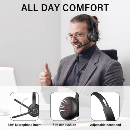 Casti Bluetooth SUNITEC V5.3 cu microfon pentru PC, ENC reducere zgomot 98%, dongle USB, statie de incarcare, conexiune multipunct, autonomie 16h, compatibile Zoom / Teams / Skype, negru