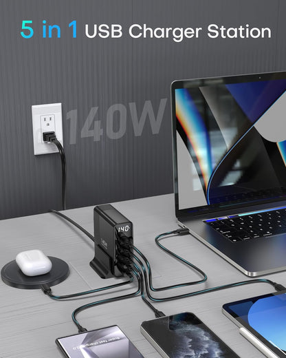 Incarcator retea 140W GaN, statie de incarcare cu 5 porturi, 3 USB-C 100W si 2 USB-A, afisaj digital, protectie supracurent, supratensiune, scurtcircuit si supraincalzire, cu cablu alimentare de 1.5 m, negru