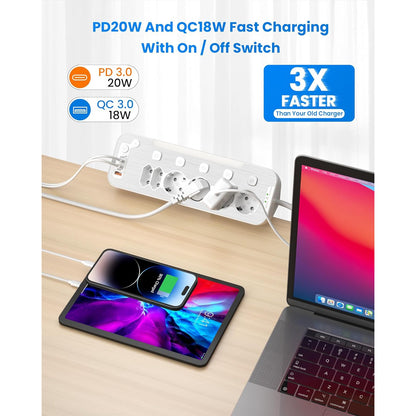 Prelungitor pentru perete/colt, cu 6 prize cu intrerupator individual, 2 porturi USB-C PD 20W, 1 port USB-A 18W QC, lumina de noapte, cu prindere pentru birou, cablu de 2 m, protectie la supratensiune, alb