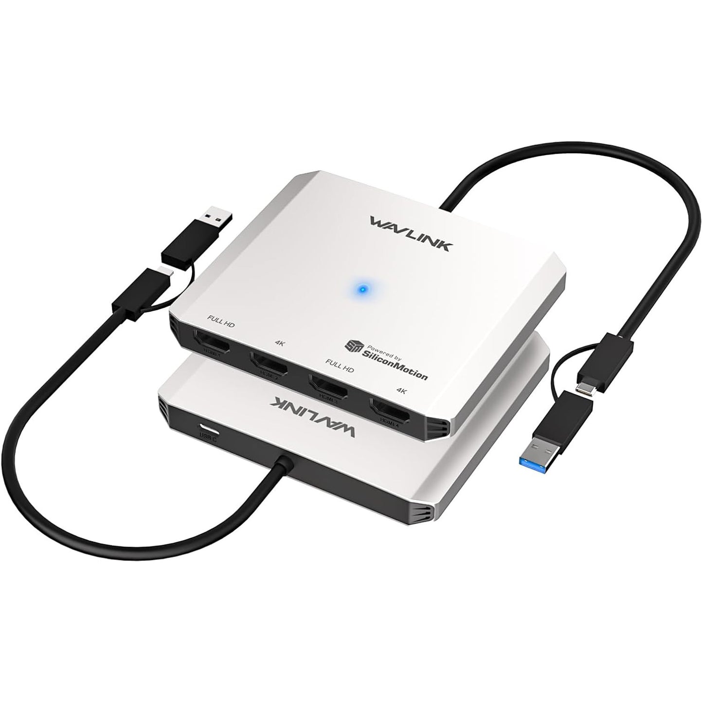 Statie de andocare WAVLINK Quad Monitor 4x HDMI, USB-C si USB-A, pentru MacBook Pro/Air M1 M2 M3 M4, extensie 4 monitoare, Dual 4K UHD + Dual Full HD 1080P, compatibil Windows 11/10, macOS, Thunderbolt 3/4, necesita driver SMI