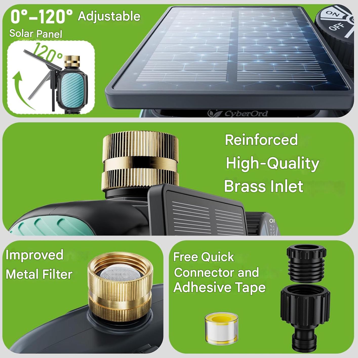 Computer de irigatii solar cu 2 zone, control automat si manual, functie intarziere la ploaie 24, 48, 72h, ecran LCD mare, incarcare solara si USB Tip C, rezistent IPX5, materiale durabile din alama si filtru metalic