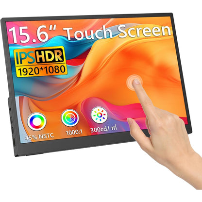 Monitor portabil 15.6 inch cu touchscreen, ecran IPS FullHD 1080P, HDR Dinamic, contrast 1000:1, 16, 7 milioane culori, cu port HDMI, USB-C si USB-A, pentru laptop, PC, smartphone Android, Mac