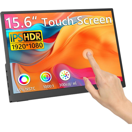 Monitor portabil 15.6 inch cu touchscreen, ecran IPS FullHD 1080P, HDR Dinamic, contrast 1000:1, 16, 7 milioane culori, cu port HDMI, USB-C si USB-A, pentru laptop, PC, smartphone Android, Mac