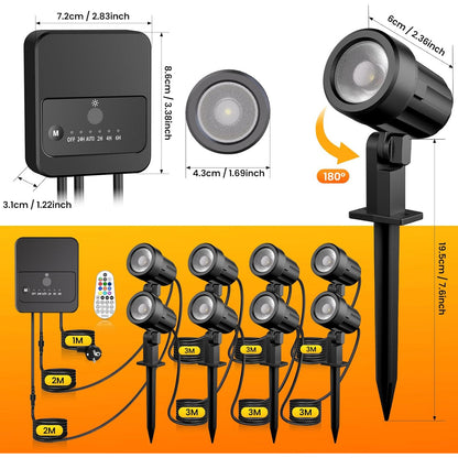 Set 8 proiectoare RGB, lampi gradina cu senzor lumina, telecomanda, functie temporizare, 30 moduri dinamice, impermeabile IP66, cu tarus si cablu de 23 m, Iluminat exterior pentru gradina, curte, petrecere