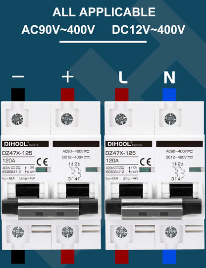 Set tablou de sigurante cu siguranta automata 120A DC 12V-400V sau AC 90V-400V, 2 poli, intrerupator solar automat pentru sistem fotovoltaic in carcasa impermeabila IP65