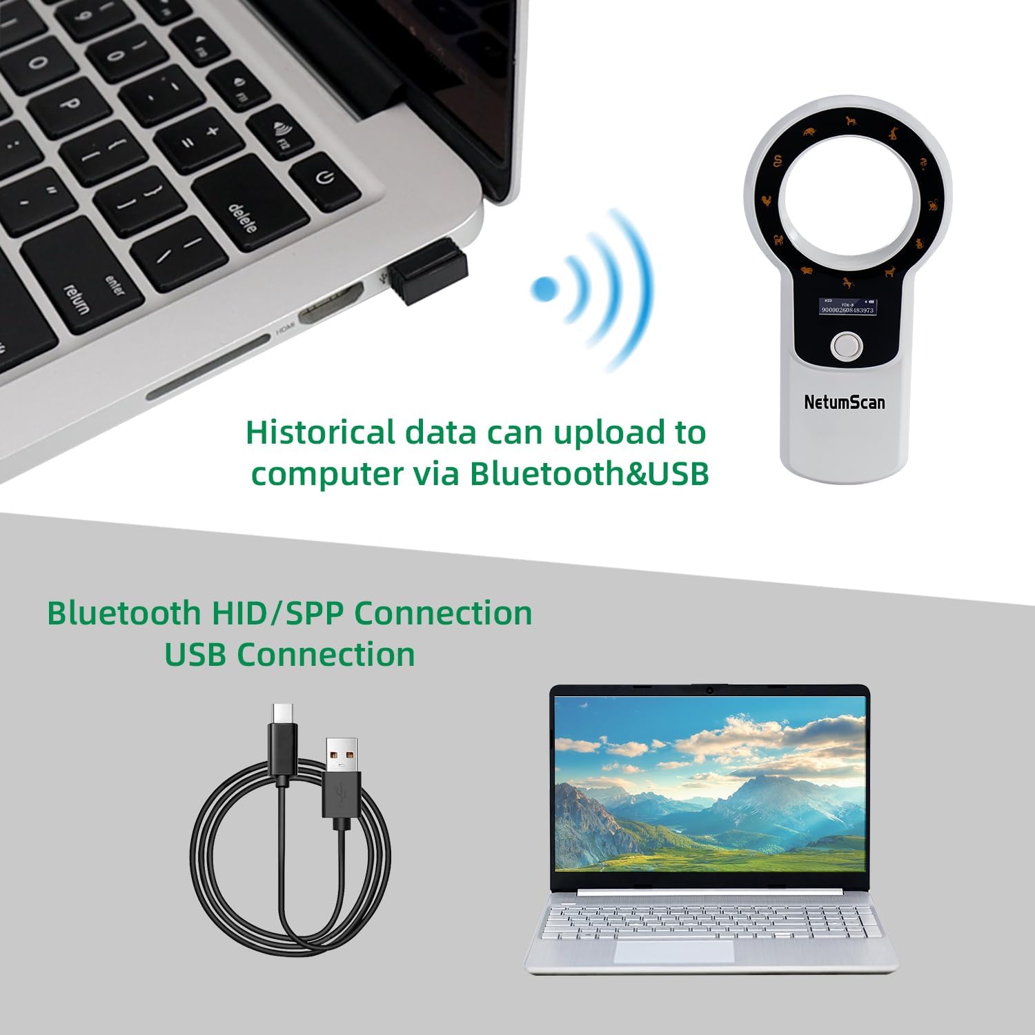 Cititor cipuri animale portabil, cu display OLED, reincarcabil, suporta tehnologie ISO 11784/11785 si ID64 RFID, stocare date, pentru caini, pisici si crotalii ureche