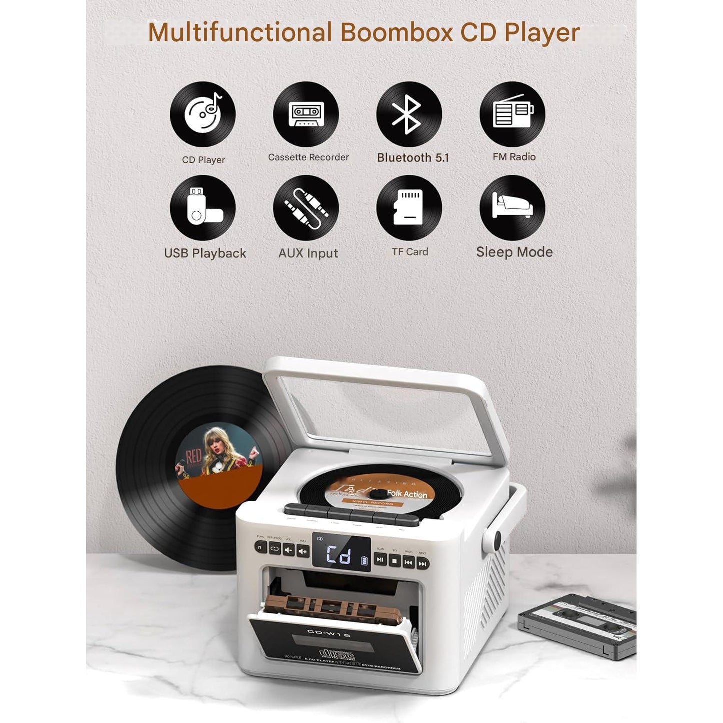 Radio cu casetofon si player CD, baterie reincarcabila 5000 mAh, afisaj LED, telecomanda si maner portabil, difuzoare duble, redare USB/AUX/MP3/Card TF, iesire Jack casti 3, 5 mm, sistem audio multifunctional, alb