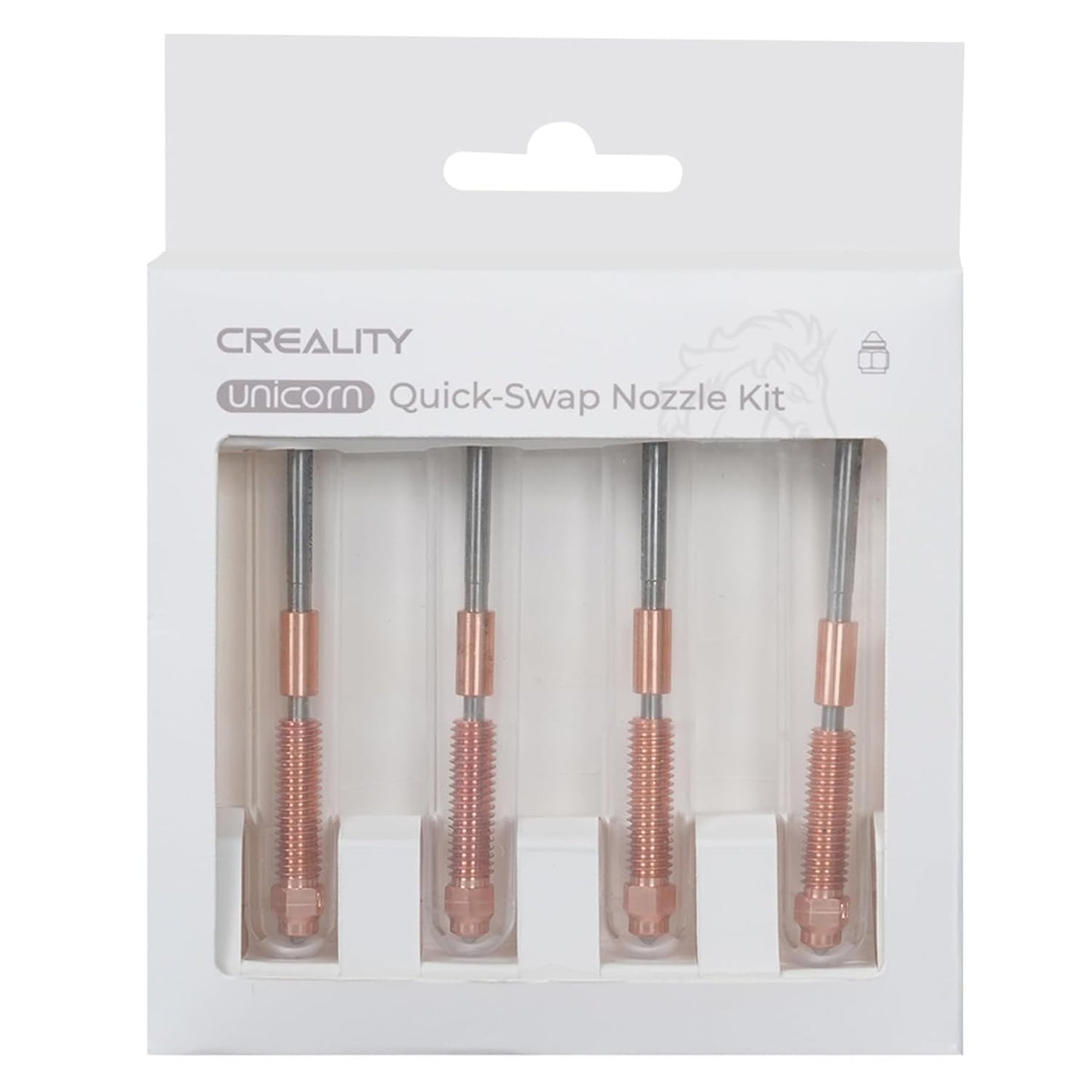 Set 4 duze Creality Unicorn pentru imprimanta 3D, debit mare pentru imprimare high-speed, 2 duze 0.4 mm, 1 duza 0.6 mm, 1 duza 0.8 mm, compatibil K1C si Ender 3 V3, din aliaj de cupru, otel calit si titan