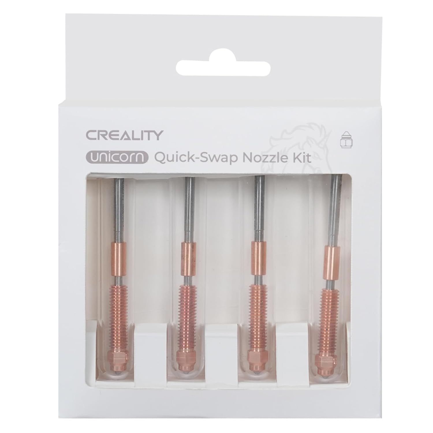 Set 4 duze Creality Unicorn pentru imprimanta 3D, debit mare pentru imprimare high-speed, 2 duze 0.4 mm, 1 duza 0.6 mm, 1 duza 0.8 mm, compatibil K1C si Ender 3 V3, din aliaj de cupru, otel calit si titan