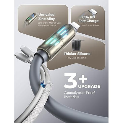 Cablu de incarcare 4 in 1, 240 W, 480Mbps, cu lumini RGB, porturi USB-C la USB-C 240W, USB-C la Lightning 30W, USB-A la USB-C 3A, USB-A la Lightning 12W, pentru iPhone Pro/MacBook/iPad/Samsung/Switch PS5