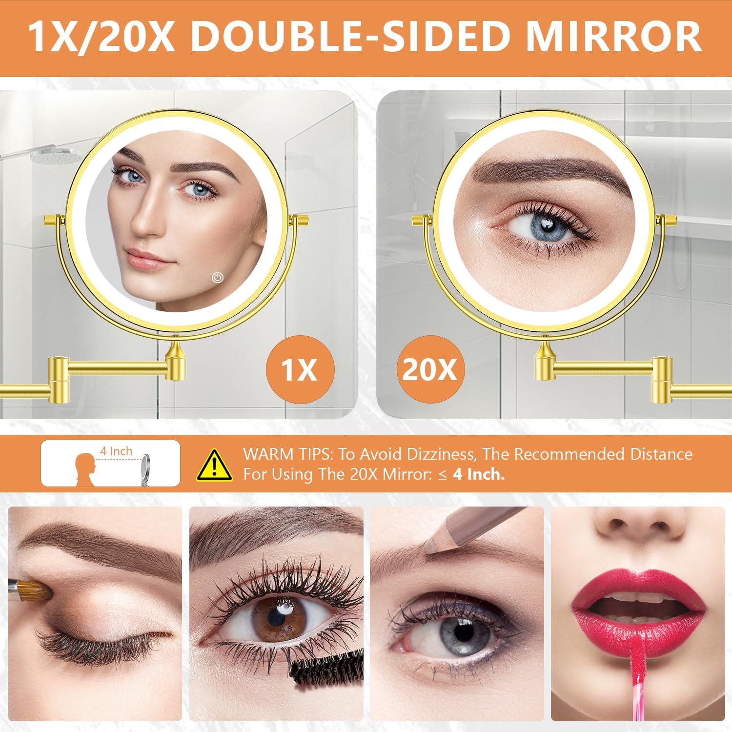 Oglinda cosmetica iluminata LED, marire 1X/20X, luminozitate reglabila, 3 moduri iluminare, reincarcabila, cu doua fete, buton tactil, rotativa 360°, aurie