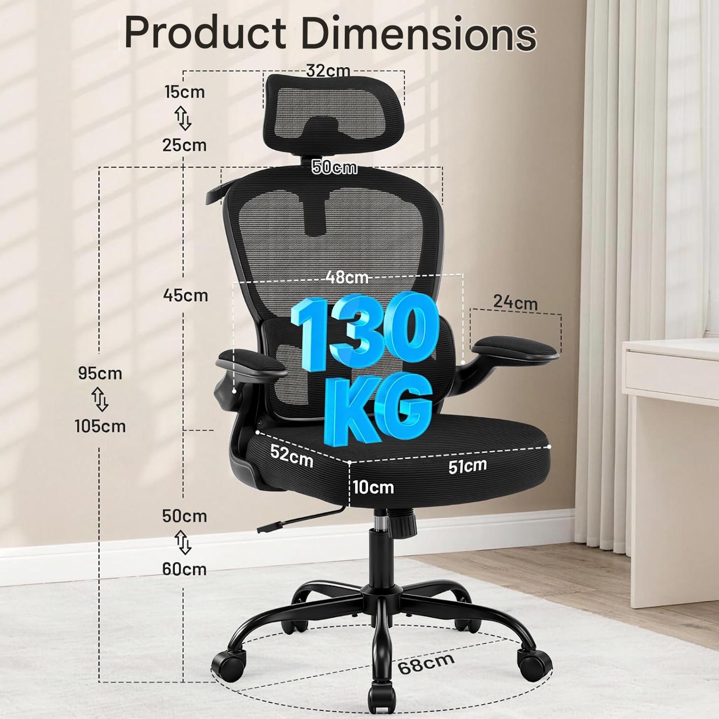 Scaun de birou ergonomic Coscendo, cu tetiera 3D reglabila si suport lombar, inclinare 90°–120°, cotiere rabatabile 90°, reglabil pe inaltime, rotativ cu roti silentioase, sarcina maxima 130 kg, negru