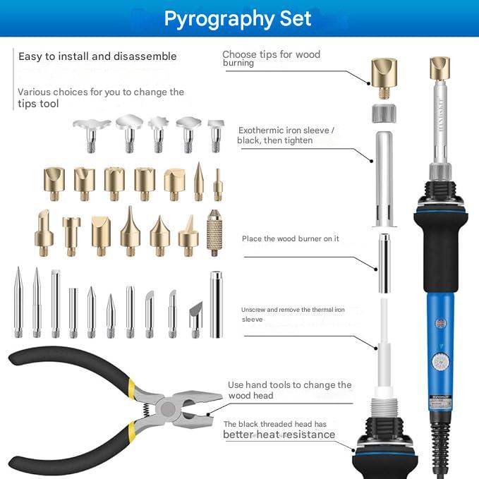 Set de lipit si pirogravura 42 piese, 60 W, intrerupator reglabil pornit/oprit, temperatura reglabila 220-450 °C, incalzire rapida, geanta depozitare, pirogravura pe lemn pentru profesionisti si amatori