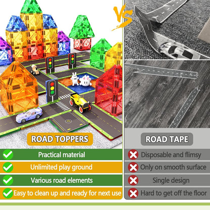 Set de constructie magnetic 3D, Road Toppers, 56 piese, Magnetic Tiles, jucarie educativa si creativa, multicolora, compatibil cu alte seturi 3D, pentru copii +3 ani
