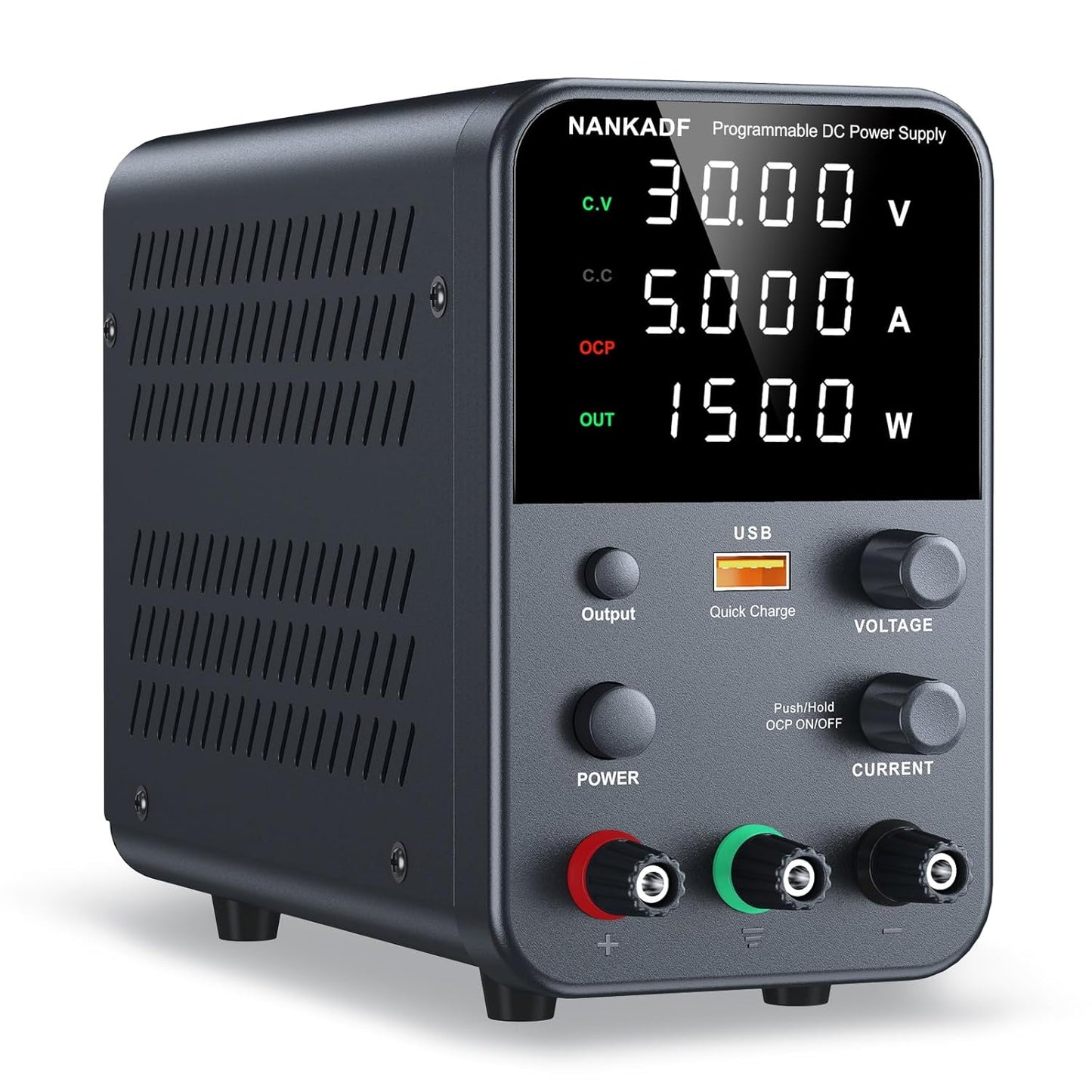 Sursa de alimentare de laborator 0-30 V, 0-5 A, 150 W, cu display LED, ventilator de racire, functie protectie supracurent (OCP), cu port USB 15W, stabilizare voltaj si curent, CV/CC