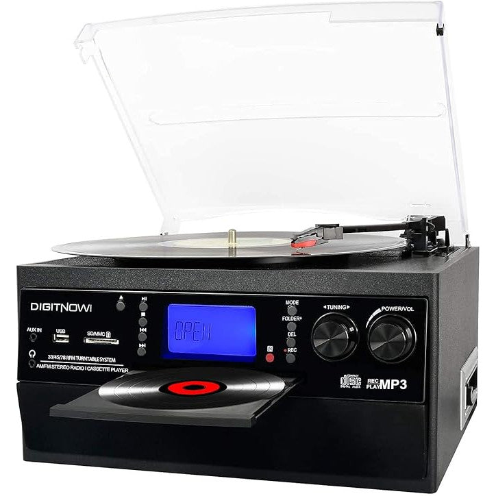 Pick-up 9 in 1 cu Bluetooth, conversie in MP3 prin USB, redare Disc vinyl, USB SD MMC, CD player, casetofon, radio AM/FM, cu telecomanda, mufa pentru casti si intrare auxiliara iesire RCA, platan vinyl cu 3 viteze, difuzor stereo incorporat