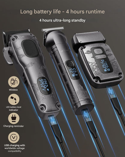 Set masina de tuns profesionala VGRPRO 3 in 1 masina de tuns, trimmer si aparat de ras, 4 viteze pana la 7500 RPM, 15 accesorii, impermeabil IPX7, display LED, baterie reincarcabila, wireless, pentru par si barba