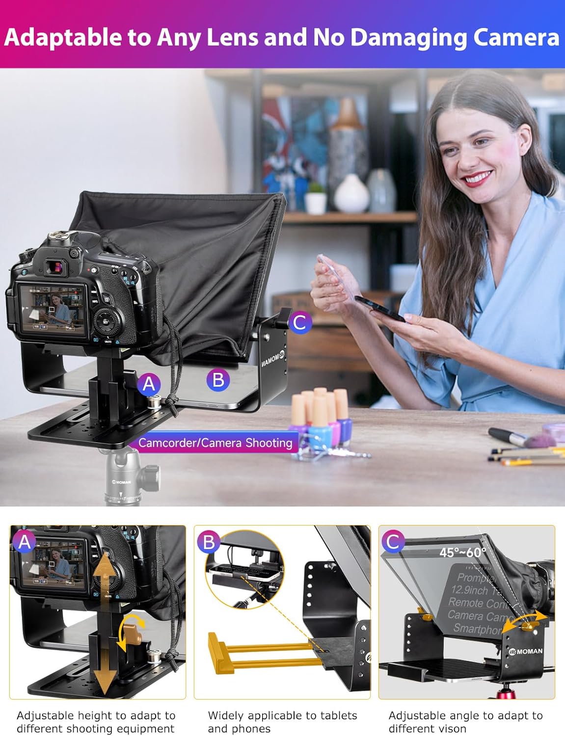 Kit teleprompter de 12 inch, pentru camere DSLR, cu telecomanda, compatibil cu smartphone si tableta pana la 12.9 inch, din metal, cu montura 1/4 inch si geanta de depozitare si transport
