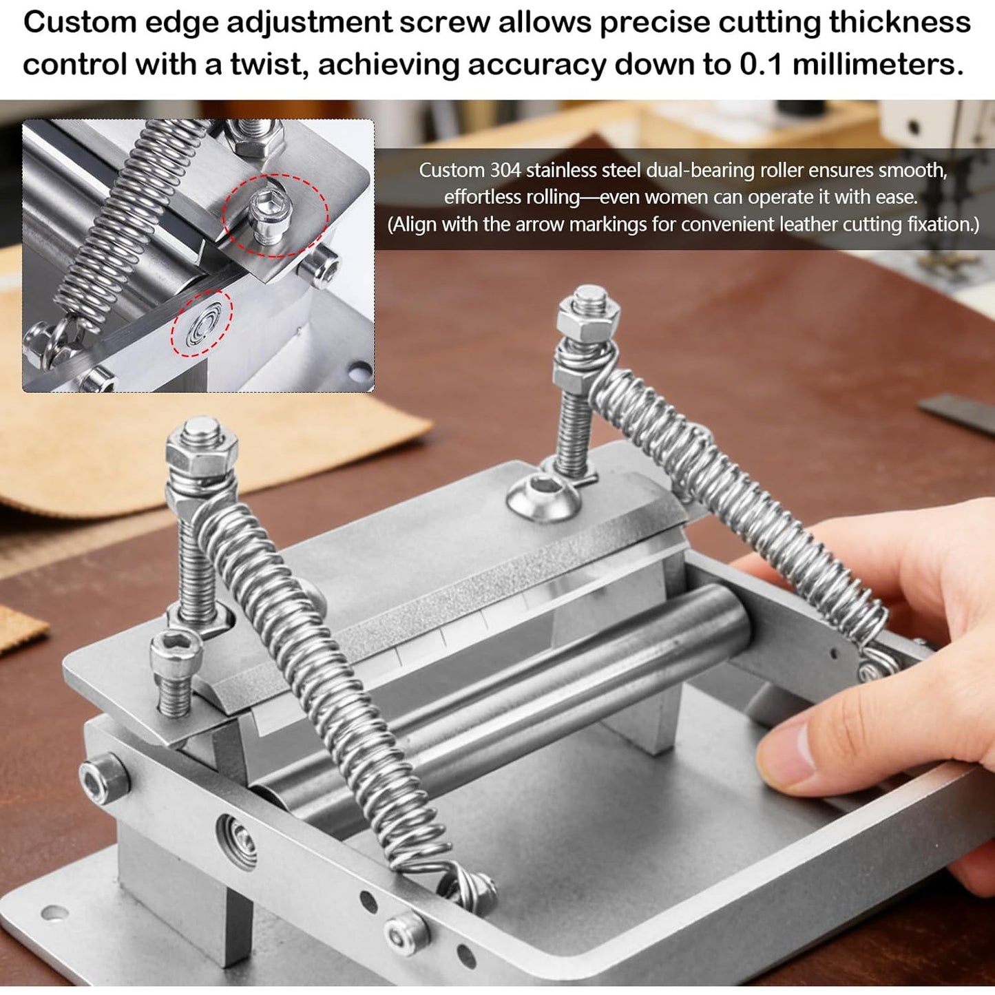 Masina de subtiat pielea, din otel inoxidabil, aparat manual pentru prelucrare piele, 10 lame interschimbabile, reglaj grosime 0, 1 mm, latime lucru 8 cm, maner antiderapant, utilizare manuala sau pe banc, pentru atelier si artizanat piele