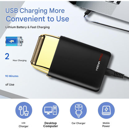 Aparat de ras HIENA PRO electric cu folie, pentru barbati, fara fir, zero gap skin, reincarcabil USB, aparat de ras conceput sa fie portabil si usor de folosit pentru calatorii, negru