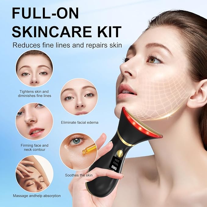 Dispozitiv masaj facial profesional cu 7 moduri LED, compresie incalzire si mod rece, cap de masaj curbat pentru fata, gat, frunte, dispozitiv lifting pentru reintinerirea pielii, reducerea ridurilor, tonifierea pielii