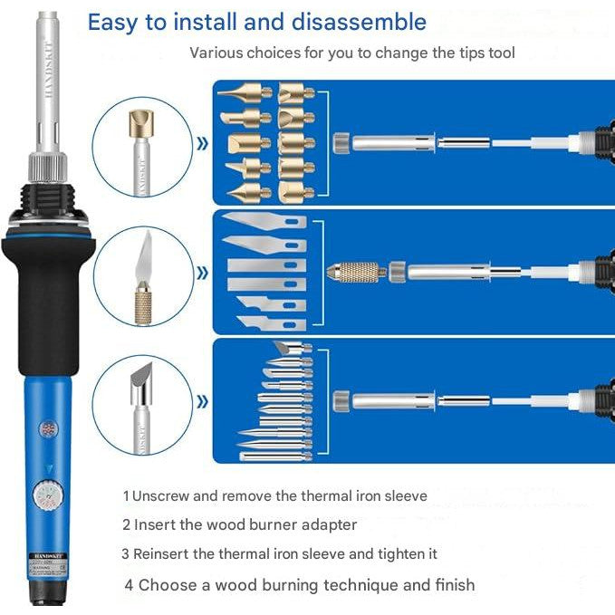 Set de lipit si pirogravura 42 piese, 60 W, intrerupator reglabil pornit/oprit, temperatura reglabila 220-450 °C, incalzire rapida, geanta depozitare, pirogravura pe lemn pentru profesionisti si amatori