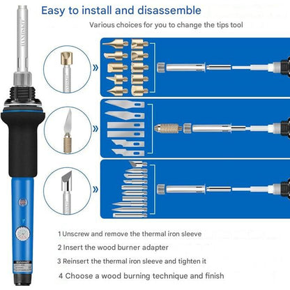Set de lipit si pirogravura 42 piese, 60 W, intrerupator reglabil pornit/oprit, temperatura reglabila 220-450 °C, incalzire rapida, geanta depozitare, pirogravura pe lemn pentru profesionisti si amatori