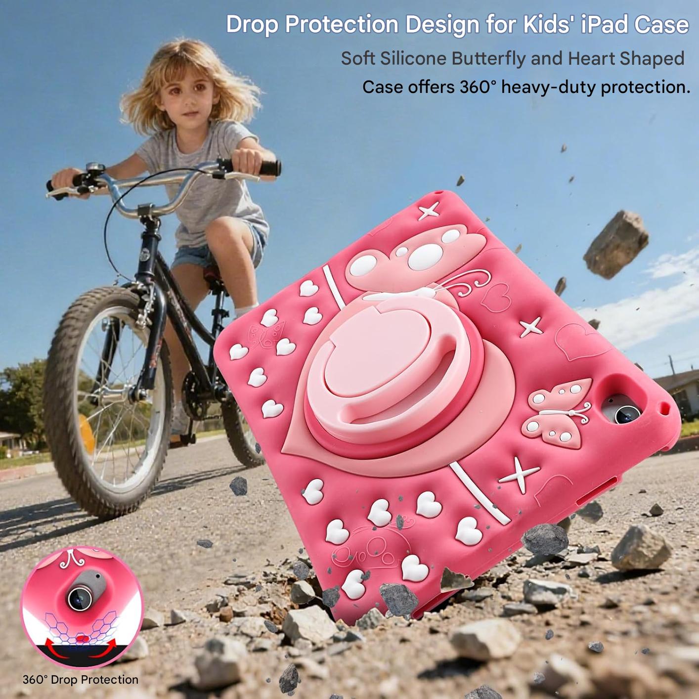 Husa de protectie iPad A16 11″ / A10 10,9″ – Fluture, roz, rezistenta la socuri, cu maner rotativ 360°, suport si curea de umar
