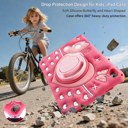 Husa de protectie iPad A16 11″ / A10 10,9″ – Fluture, roz, rezistenta la socuri, cu maner rotativ 360°, suport si curea de umar