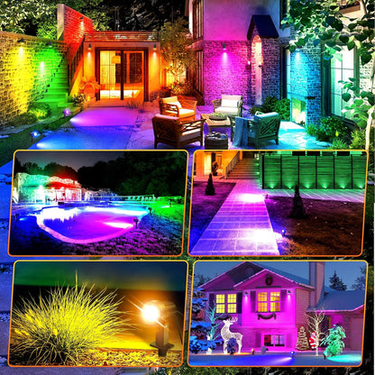Set 8 proiectoare RGB, lampi gradina cu senzor lumina, telecomanda, functie temporizare, 30 moduri dinamice, impermeabile IP66, cu tarus si cablu de 23 m, Iluminat exterior pentru gradina, curte, petrecere