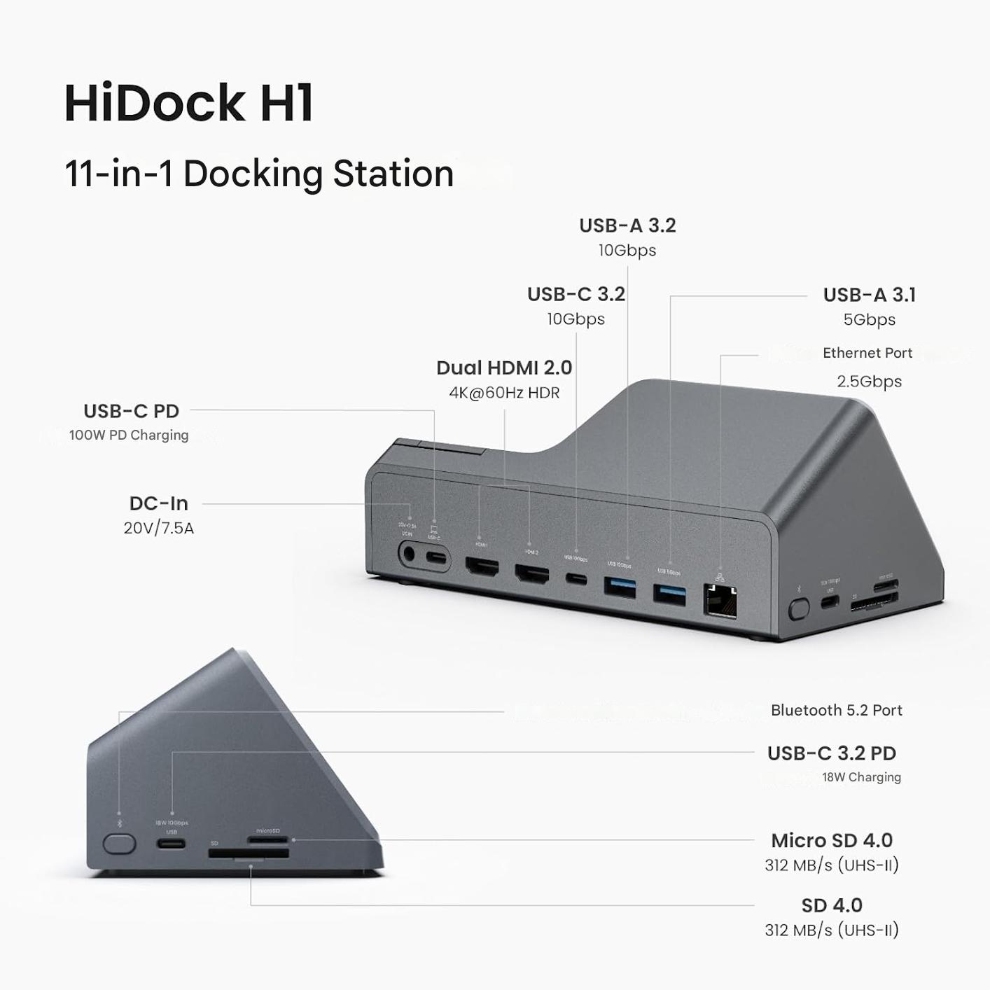 Statie de andocare 11 in 1 USB-C 3.2, USB-A cu inregistrator vocal AI, HDMI dublu 4K@60Hz, Power Delivery 118W, Ethernet 2.5 Gbps, transfer date 10Gbps, cititor SD/MicroSD 4.0