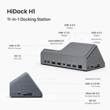 Statie de andocare 11 in 1 USB-C 3.2, USB-A cu inregistrator vocal AI, HDMI dublu 4K@60Hz, Power Delivery 118W, Ethernet 2.5 Gbps, transfer date 10Gbps, cititor SD/MicroSD 4.0