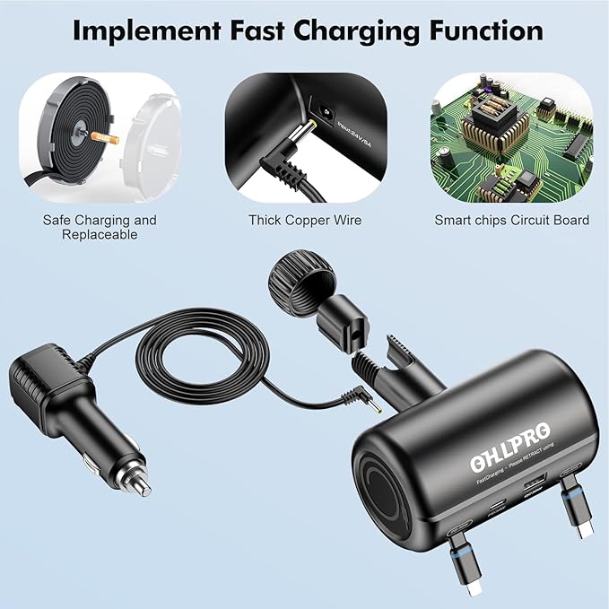Incarcator auto 6 in 1 pentru tetiera, 110 W, retractabil, PD&Quick Charge 3.0, 6 porturi de incarcare, lumina LED albastra, adaptor incarcator auto compatibil cu iPhone 16/15/14/Pro, Samsung, Google, accesorii de calatorie