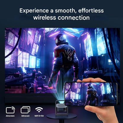 Vidoproiector portabil smart 4K, cu Android 13.0, WiFi 6, Bluetooth 5.2, rotativ la 270°, corectie E-Focus/trapezoidala, 25000 Lux, 1080P, cu USB 2.0, HDMI 2.1 si AUX 3, 5 mm, compatibil Smartphone, PC, Laptop, Tableta, PS5, pentru interior si exterior