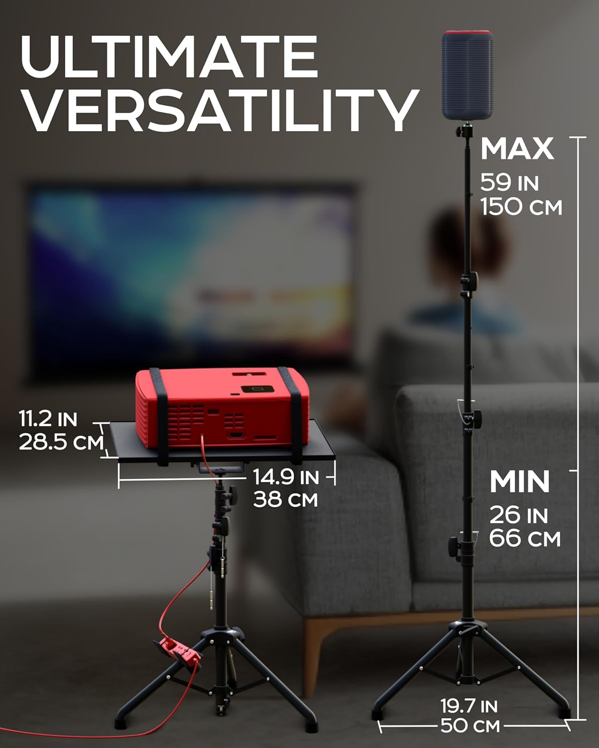 Suport videoproiector/laptop, stand cu inaltime reglabila 66-150 cm, functie trepied, cu cap bila rotativ 360°, tavita pliabila, 6 kg greutate suportata, multifunctional