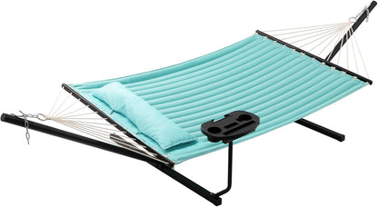 Hamac cu suport metalic, cadru din otel, din bumbac, 350 x 120x 74 cm, ajustabil, cu tavita si perna, greutate suportata 136 kg, usor de asamblat, pentru adulti si copii