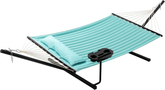 Hamac cu suport metalic, cadru din otel, din bumbac, 350 x 120x 74 cm, ajustabil, cu tavita si perna, greutate suportata 136 kg, usor de asamblat, pentru adulti si copii
