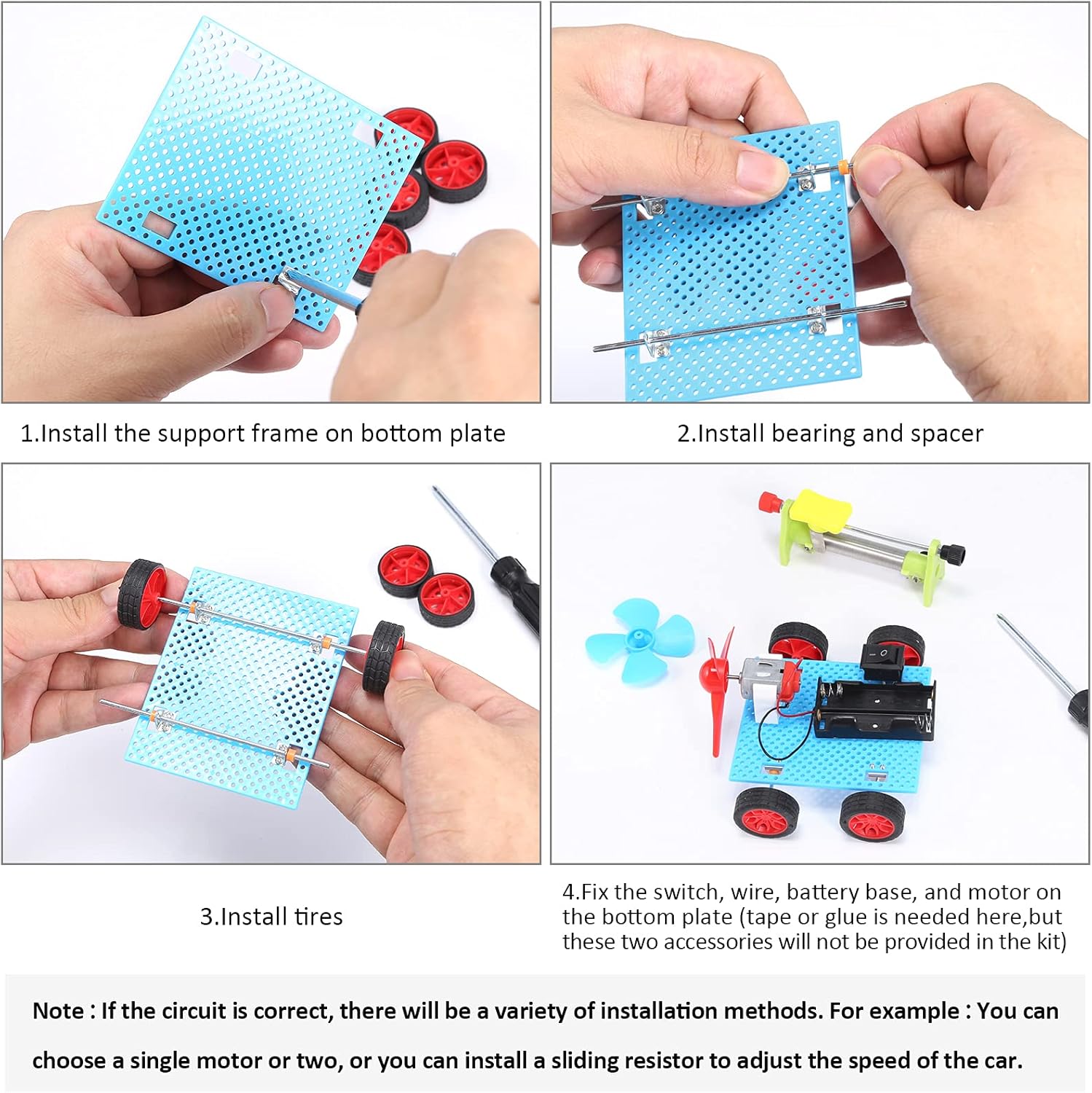 Set de 2 motoare STEM 1.5V - 3V, cu elice, becuri, sonerie, roti dintate, intrerupatoare, carcase cu suport baterie, cleme tip crocodil, tub termocontractil, pentru jucarii, experimente, pentru copii 14+