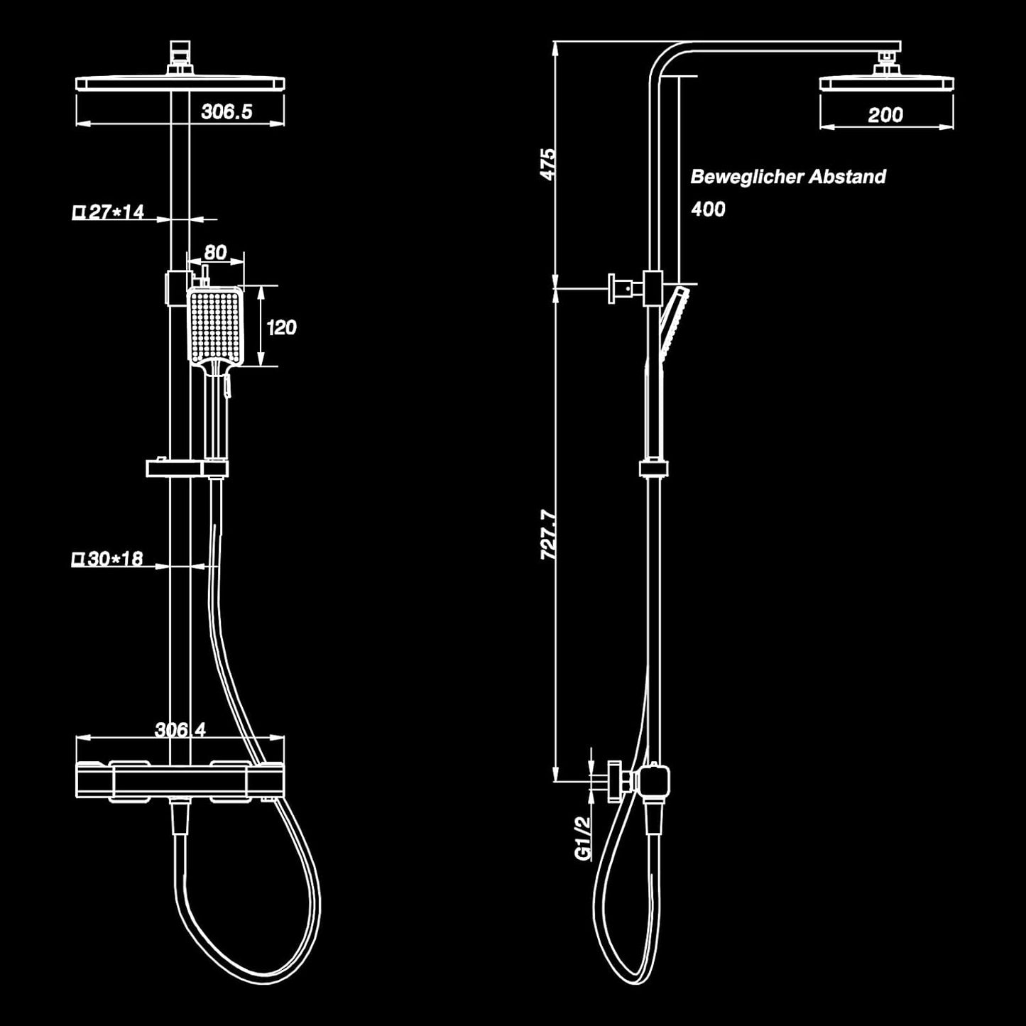 Coloana de dus, sistem cu termostat, model aparent, inaltime reglabila, cap dus tip ploaie 30 x 20 cm, 2 functii, cromat