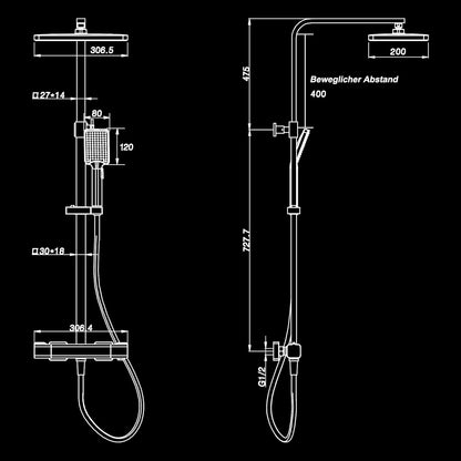 Coloana de dus, sistem cu termostat, model aparent, inaltime reglabila, cap dus tip ploaie 30 x 20 cm, 2 functii, cromat